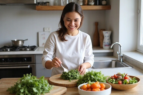 Mujer sonriendo mientras prepara una ensalada fresca y colorida, simbolizando salud y bienestar