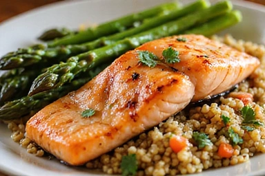 Primer plano de un plato colorido con salmón, quinoa y espárragos, mostrando una comida equilibrada