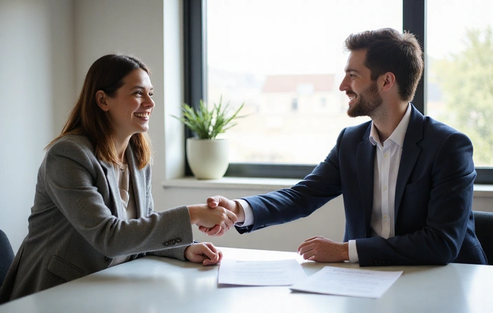 Hombre y mujer estrechando manos con sonrisas, simbolizando un acuerdo y satisfacción.